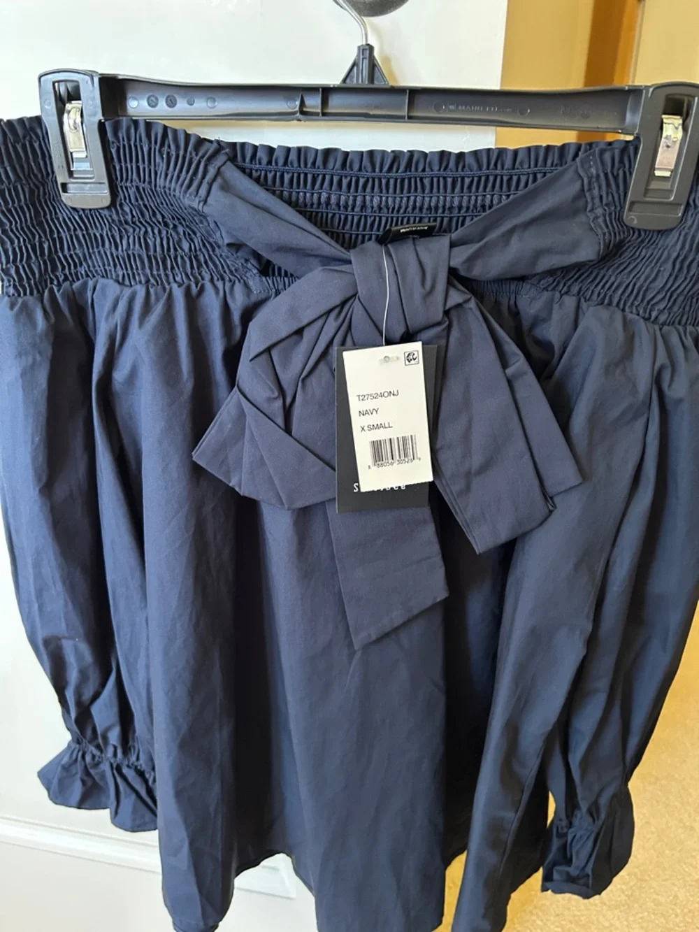 Aritzia Off-Shoulder Smocked Navy Blue Top - Picture 3 of 7